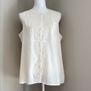 LOFT | Eyelet Lace Button Sleeveless Shirt Blouse Top | Ivory/Cream | Large